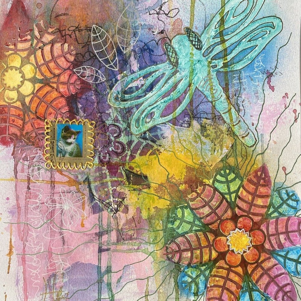 Loved Ones - Original Art Signed Kitty Cat Dragonfly Artwork Mixed Media 11"x14"